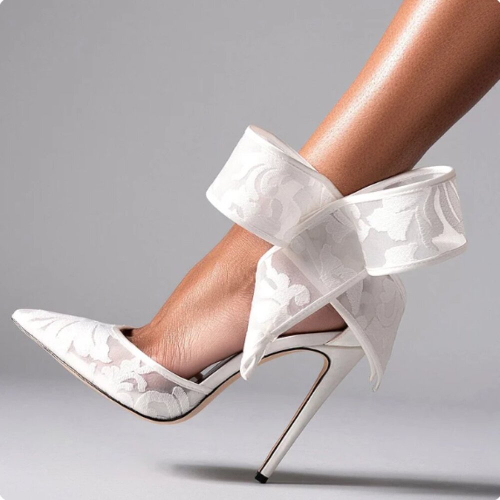 FSJ White Pointy Toe Lace Detailing Bow Decor Ankle Strap High Heels Pumps